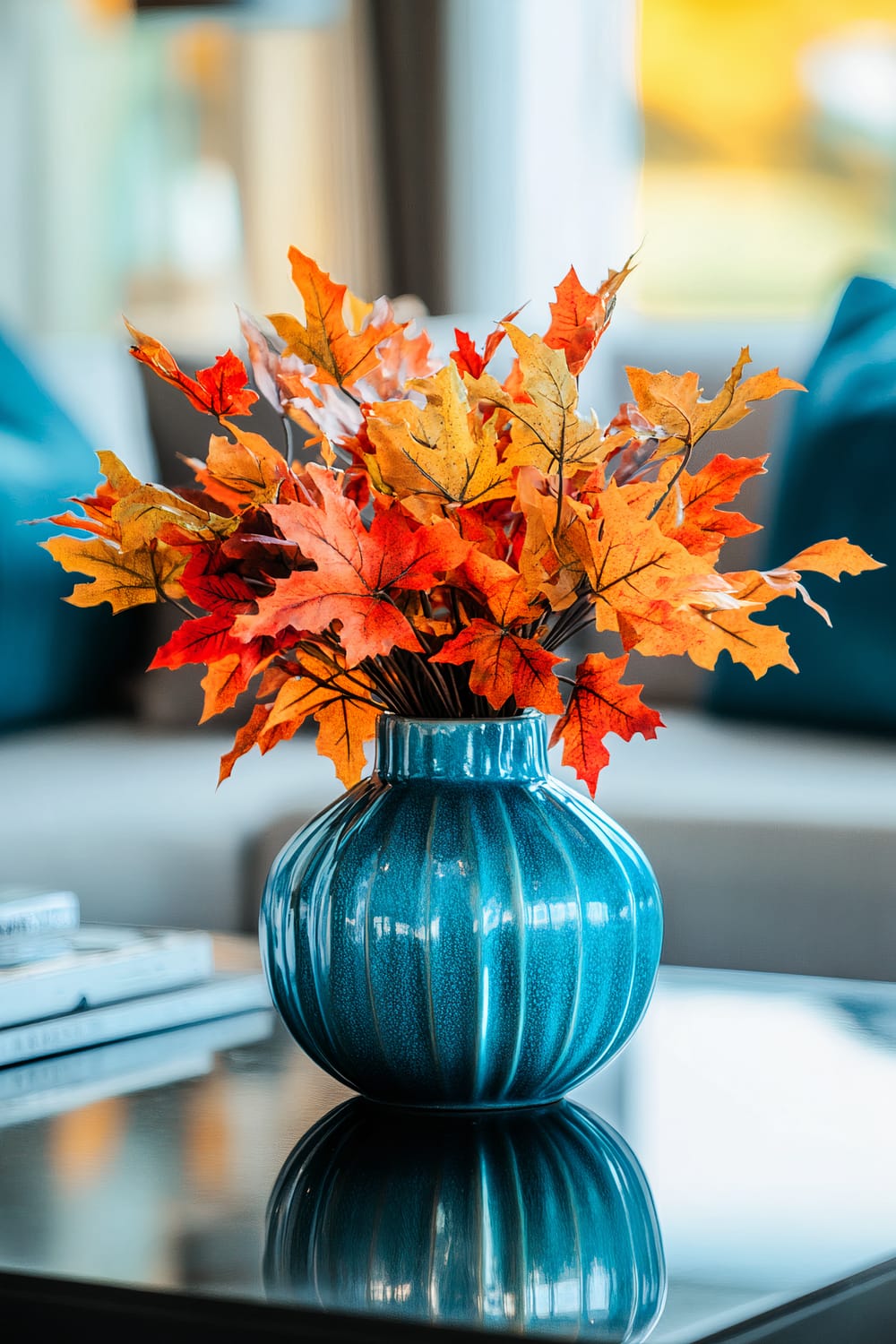 A sleek, modern coffee table holds a bright turquoise vase filled with vibrant fall leaves in warm shades of red, orange, and yellow. The vase's striking blue contrasts sharply with the autumn colors. The blurred background suggests a modern living space with comfortable furnishings.