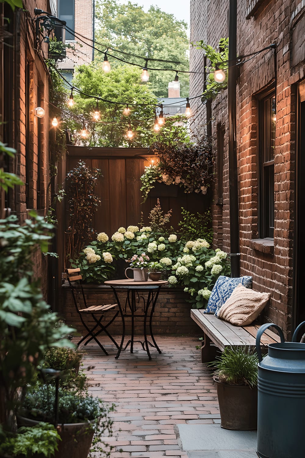 A narrow backyard patio situated between two historic brownstone buildings. The patio, with its brick flooring, features a small wrought-iron cafe table set for two. Surrounding the seating area are abundant planters filled with hydrangeas and boxwoods. Peering out from a corner is a wooden bench, elegantly draped with a knit throw and accompanied by a vintage watering can. Adding charm to the scene are string lights that crisscross atop the patio, making it ready for a delightful evening.