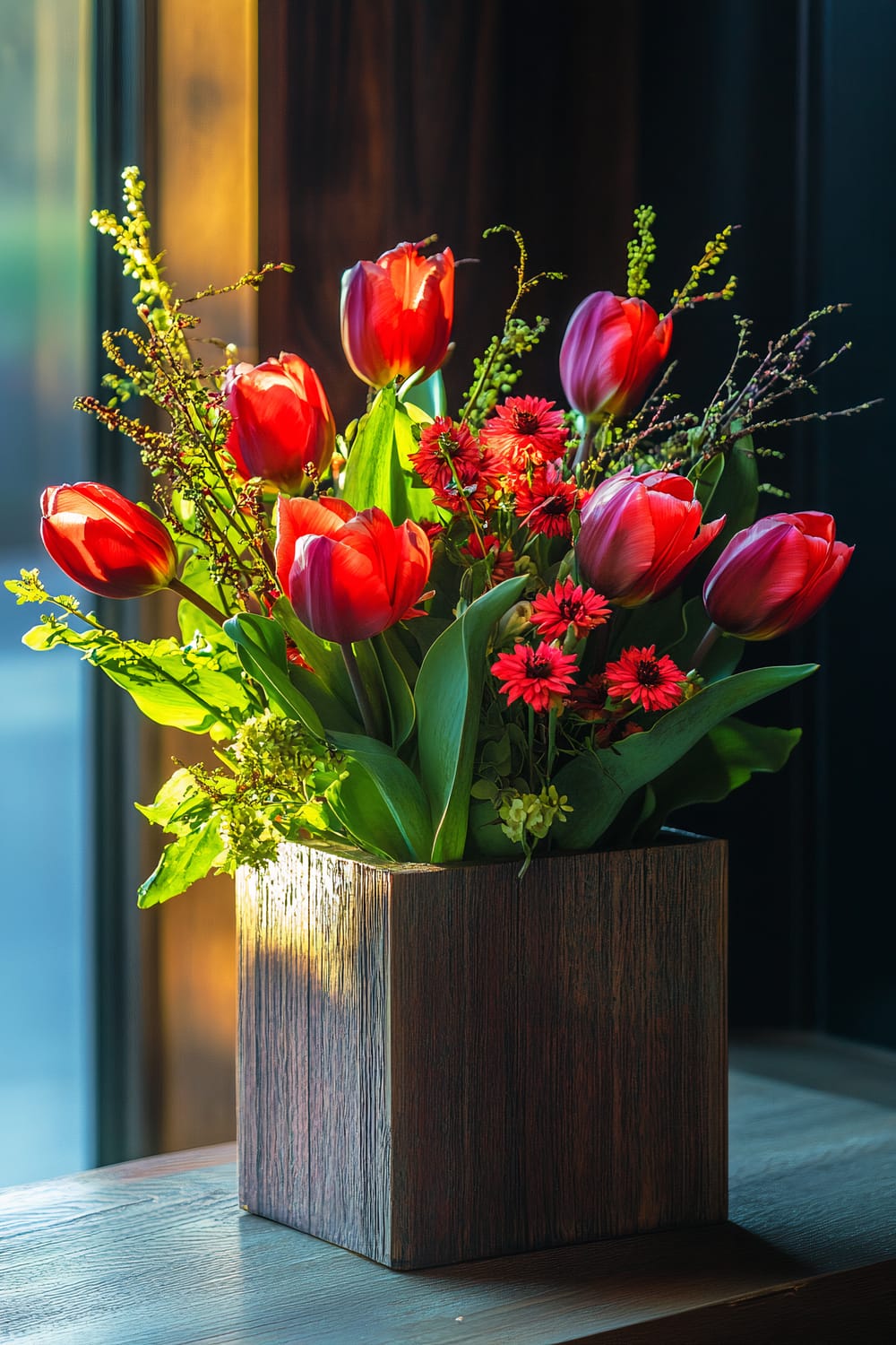 A vibrant bouquet of red tulips and small red flowers in a rustic, wooden square vase is placed on a wooden surface near a window. Sunlight illuminates the flowers, highlighting their vivid colors and casting a warm glow on the wooden surface and vase.