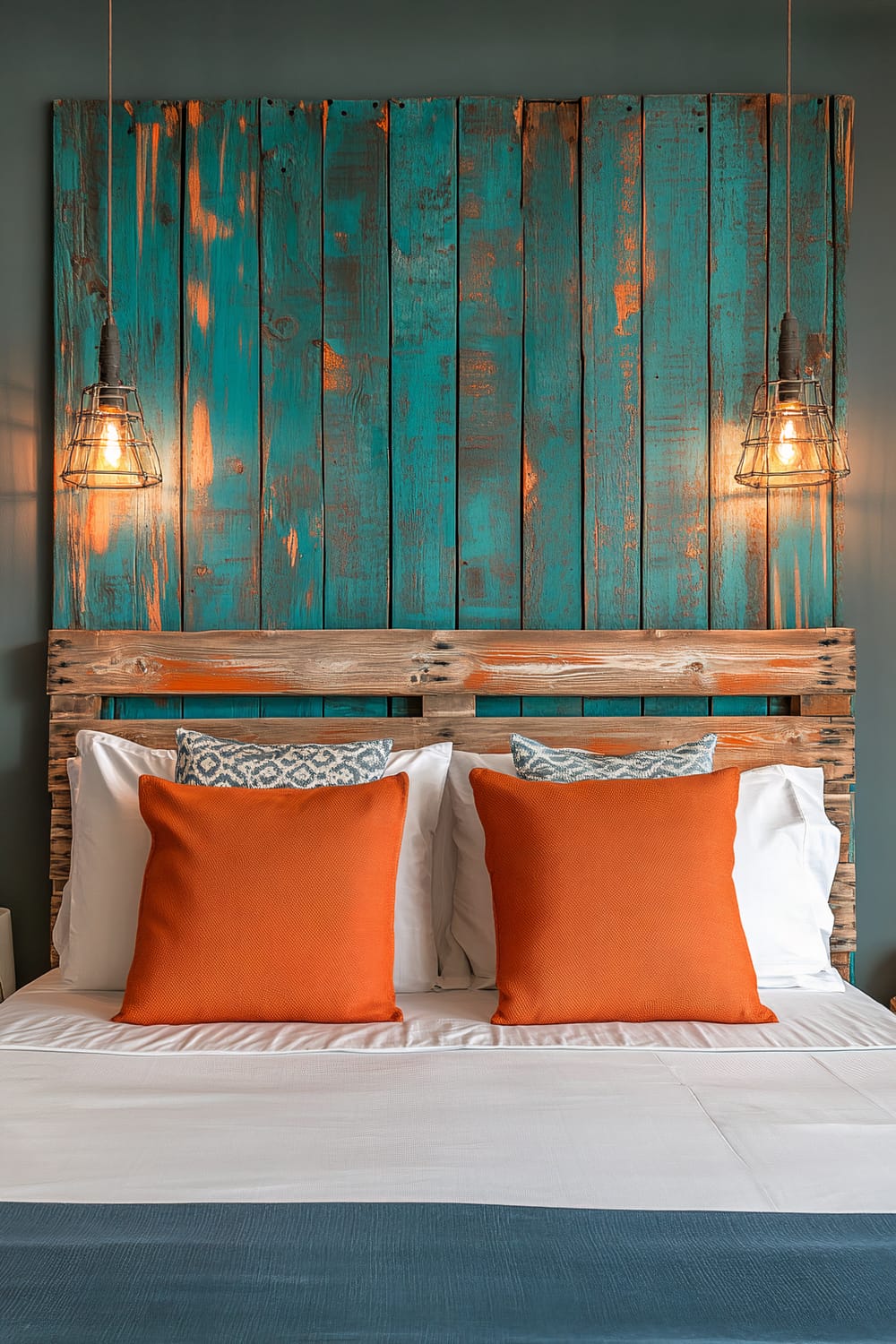 A contemporary bedroom featuring a headboard made from upcycled wooden pallets painted in bold teal and orange. The headboard is highlighted by two pendant lights on either side. The bed has white bedding with two large orange pillows and two patterned pillows for contrast.