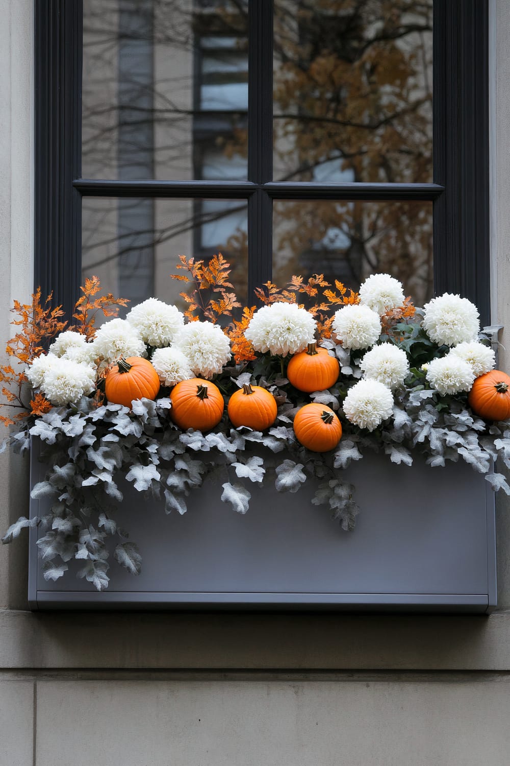 A window box planter filled with a combination of white chrysanthemums, small orange pumpkins, and autumn foliage. The planter is attached to a black-framed window reflecting the outside urban environment, and the combination of flowers and pumpkins creates a festive, fall-themed display.