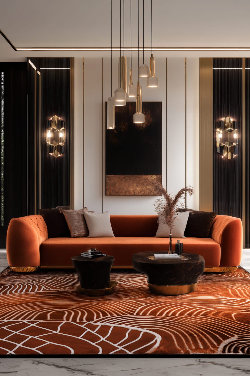 An elegantly designed modern living room features a vibrant orange velvet couch, accented with brown and beige pillows. A sleek black and gold coffee table sits on a patterned rug that matches the couch's hue. Minimalist pendant lights hang from the ceiling, complementing the space's sophisticated aesthetic. The backdrop includes vertical gold stripes and geometric wall sconces.