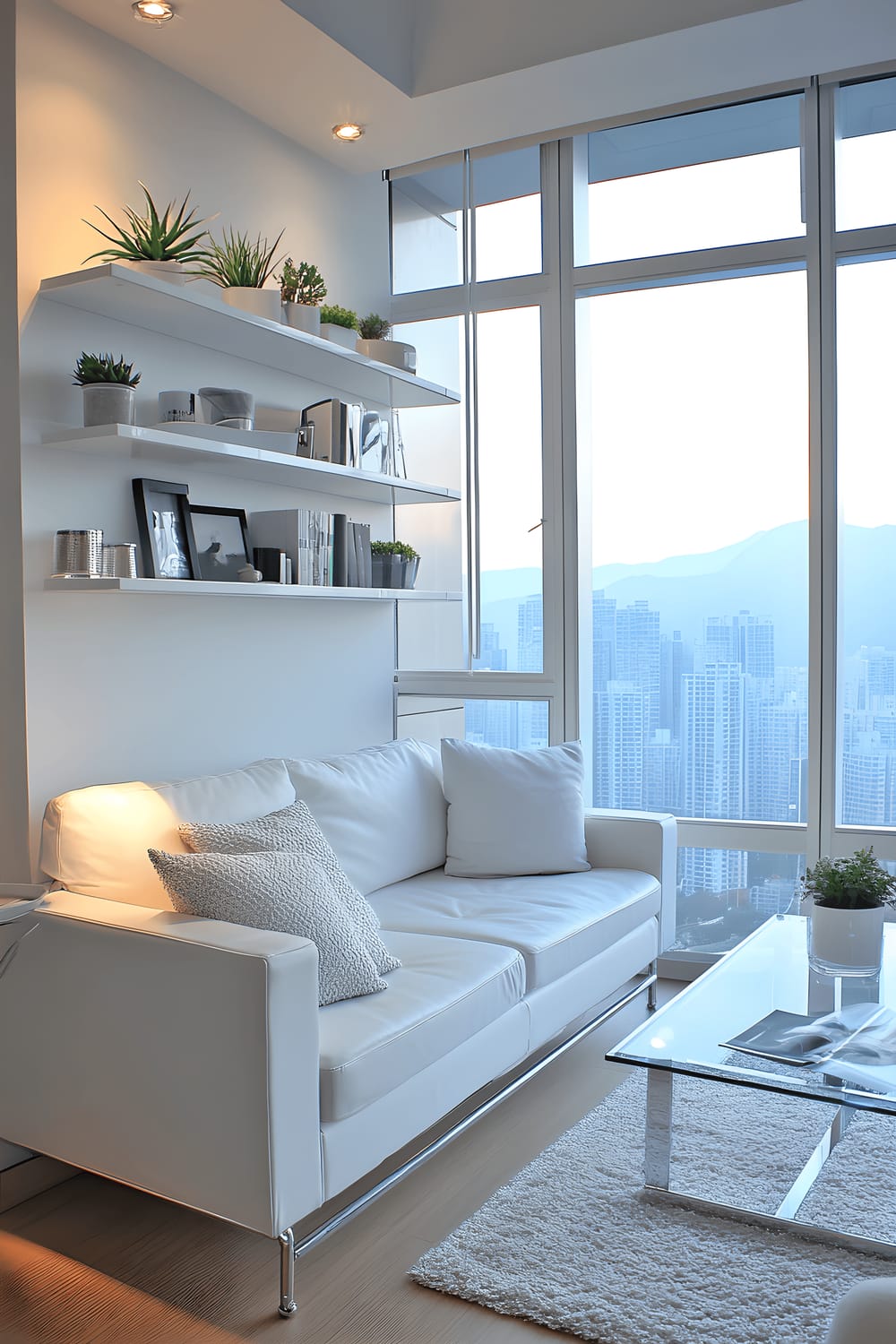 A compact living room with spectacular views of a high-rise city through large windows. The room features a multifunctional white sofa, a chrome coffee table with glass top, and a tall vertical shelving unit decorated with minimalist objects and potted plants. The light interior is brightened naturally from two sides and artificially with recessed ceiling lights and a modern floor lamp.