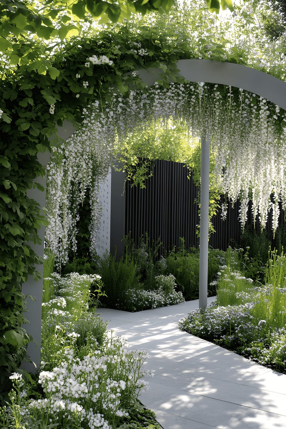 A modern garden archway brimming with layered botanical life, dwarfed beneath it are creeping ivy and sweet woodruff, supported by Wisteria and climbing roses growing mid-height, and towering is the climbing hydrangea. The white metal archway stands bold against the vibrant greenery it upholds, and is surrounded by a sleek, minimalist stone walkway.