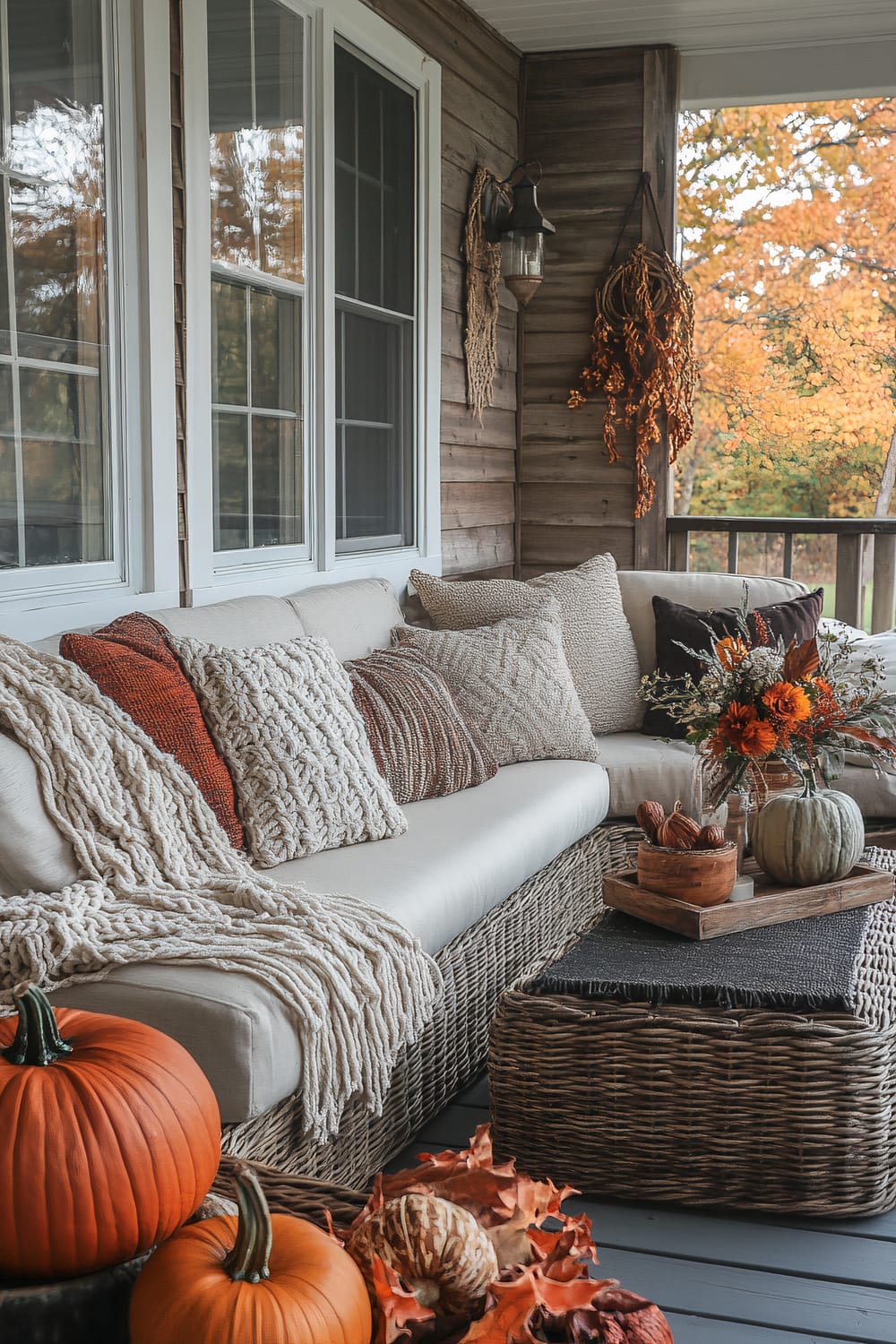 A cozy porch adorned with a large, cushioned wicker sofa featuring an assortment of knitted and woven pillows in neutral and earthy tones. The sofa is decorated with a chunky knit throw blanket. A wooden coffee table holds autumnal decorations, including pumpkins, a floral bouquet, and small bowls of seasonal items. Pumpkins and autumn leaves accent the front of the seating area. The background showcases large windows, a rustic lantern, and hanging dried autumn branches, with a backdrop of vibrant fall foliage outside.