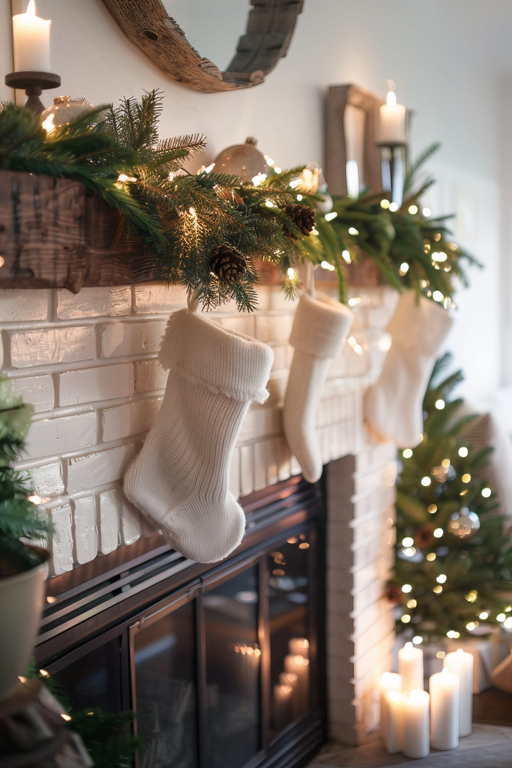 The image shows a beautifully decorated fireplace mantel for Christmas. The mantel is adorned with an evergreen garland, pinecones, and twinkling string lights. White knit stockings are hung from the mantel, and lit candles in various sizes are placed on the hearth. A small decorated Christmas tree is partially visible in the background, enhancing the festive ambiance.