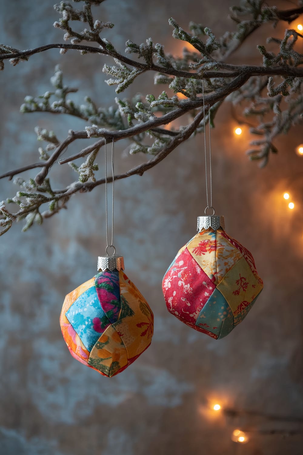 Two handcrafted quilted Christmas ornaments, one in a modern geometric pattern with bright colors and the other in a boho floral design with a mix of red, blue, and yellow fabrics, hanging from a single frosty steel branch against a softly lit background.