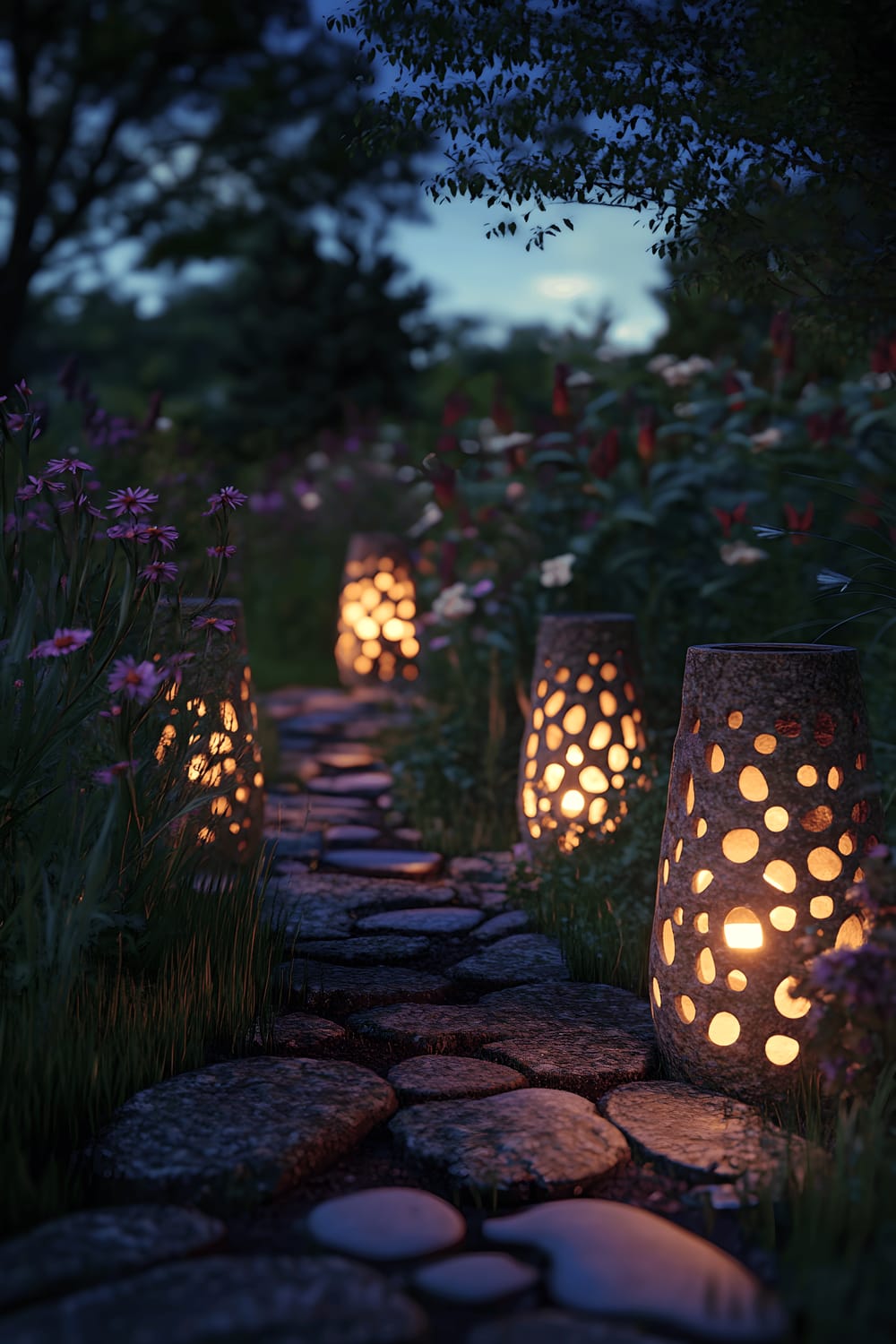 A serene night image portraying a winding garden path, illuminating by the soft glow of unique lanterns made from hollowed-out river rocks. The footpath is edged with an array of blooms and towering grasses, standing under the celestial canopy of a star-studded sky.