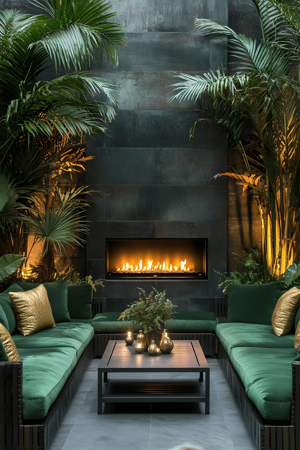 An outdoor patio corner complete with a modern, square electric fireplace framed by dark slate tiles. The area is furnished with plush emerald green sofas complemented by shiny gold accent pillows. Several tall potted palms are spaced around the corner, adding vertical depth to the design. The fireplace emanates a warm light, bathing the corner in a soft, welcoming glow.