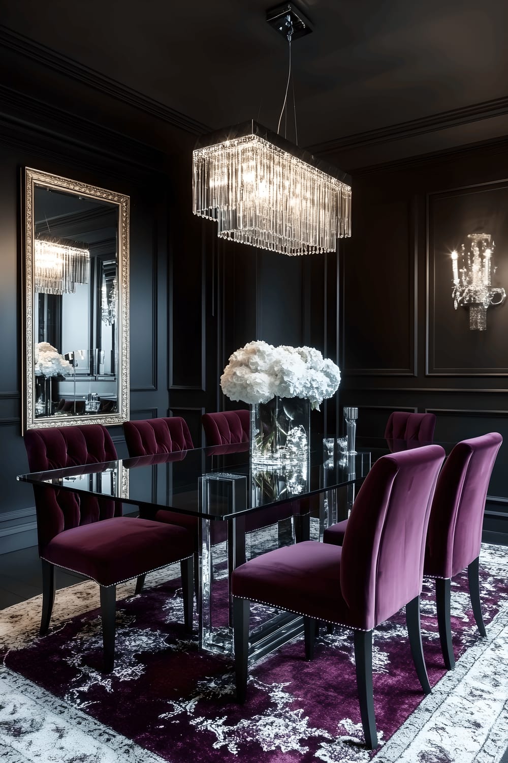 A luxurious dining room in a Milanese home, featuring a rectangular glass dining table and burgundy velvet chairs against black matte walls. An elaborate crystal chandelier hangs over the table, creating warm light play. On one wall is a large, gold-framed mirror reflecting the room. The table holds a minimalist centerpiece of white hydrangeas in a clear glass vase.