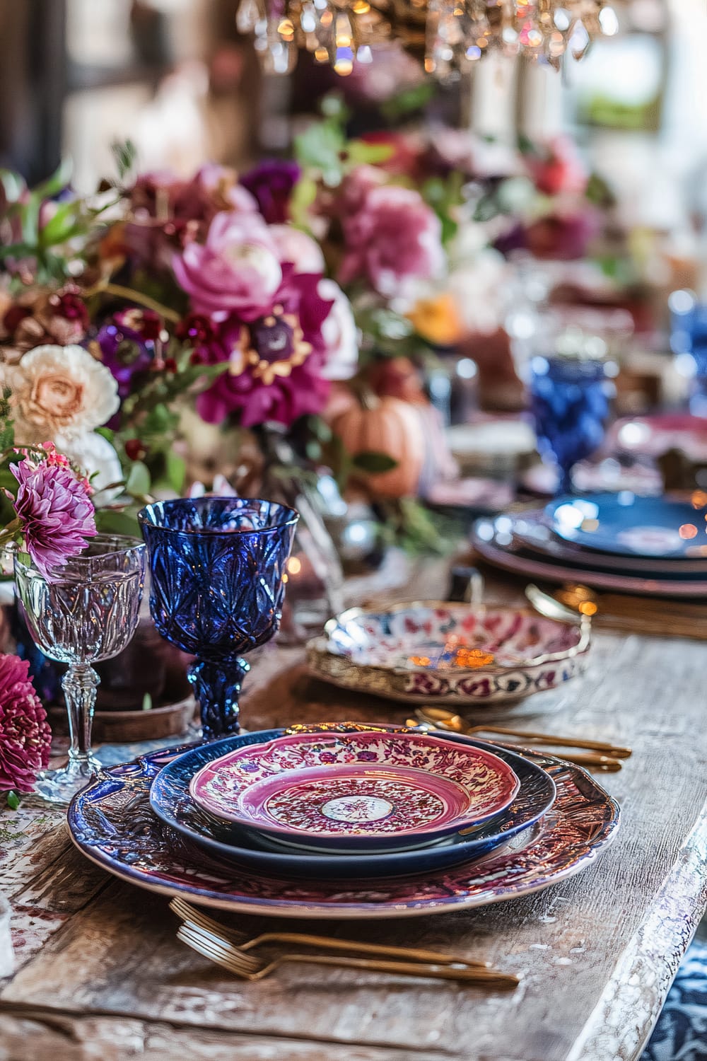 An eclectic Thanksgiving table setting with vibrant jewel tones, showcasing mismatched colorful plates, artisanal blue and clear glassware, and layered textures in table linens and decor. The table is adorned with vibrant flower arrangements including pink and purple blooms, and an intricate chandelier hangs above, casting a warm, inviting light.