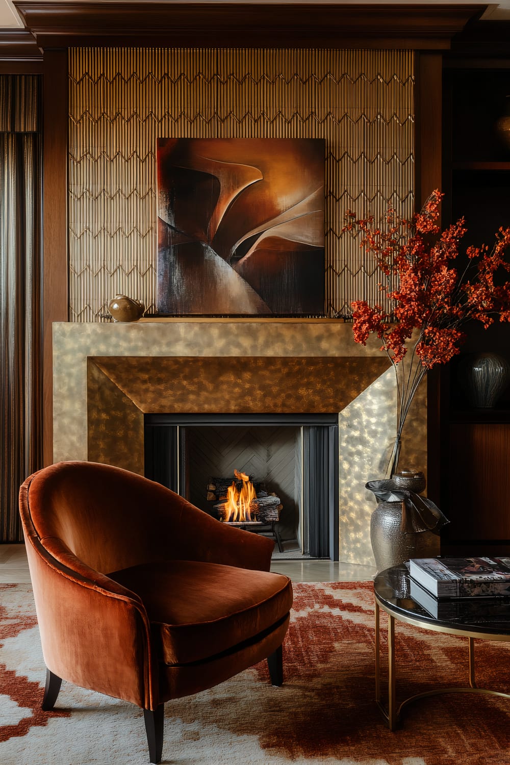 A sophisticated living room features a plush, burnt-orange velvet chair positioned on a large, textured rug with geometric patterns. The focal point of the room is a grand fireplace with a metallic, gold-toned surround that exudes warmth. Above the fireplace hangs an abstract painting in rich tones of brown and burnt orange. Beside the fireplace, a tall, intricate vase holds vibrant red branches, complementing the chair. To the right, a smooth, reflective coffee table holds several books, adding a chic touch to the space.