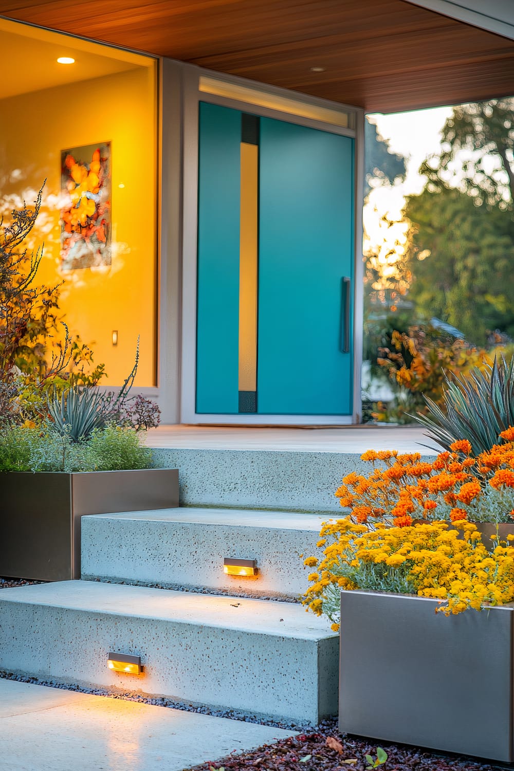 An image showcasing an inviting front entrance with a bright blue door flanked by large windows. The concrete steps leading up to the door are embedded with small, warm-hued lights, giving off a soft glow. Each step is bordered by modern planter boxes filled with vibrant yellow and orange flowers. Inside, there's modern artwork visible on the yellow-painted wall. The outdoor area is complemented by lush greenery and trees in the background.