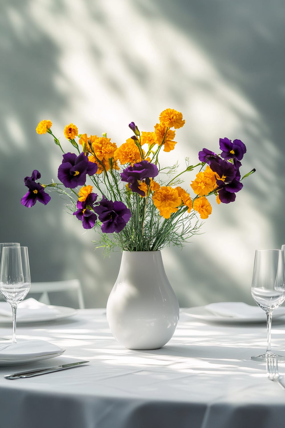 A white ceramic vase containing a bouquet of vibrant yellow and dark purple flowers is placed on a table covered with a white tablecloth. The table is set with empty wine glasses, white plates, and white napkins. Soft, natural light casts dappled shadows on the wall in the background, creating a serene and peaceful atmosphere.