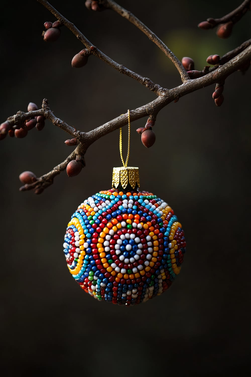 An intricately beaded Christmas ornament hanging from a single tree branch. The ornament is decorated with colorful beads forming circular patterns and hangs on a gold string. The background is dark, which accentuates the vibrant colors of the ornament and the branch with small buds around it.