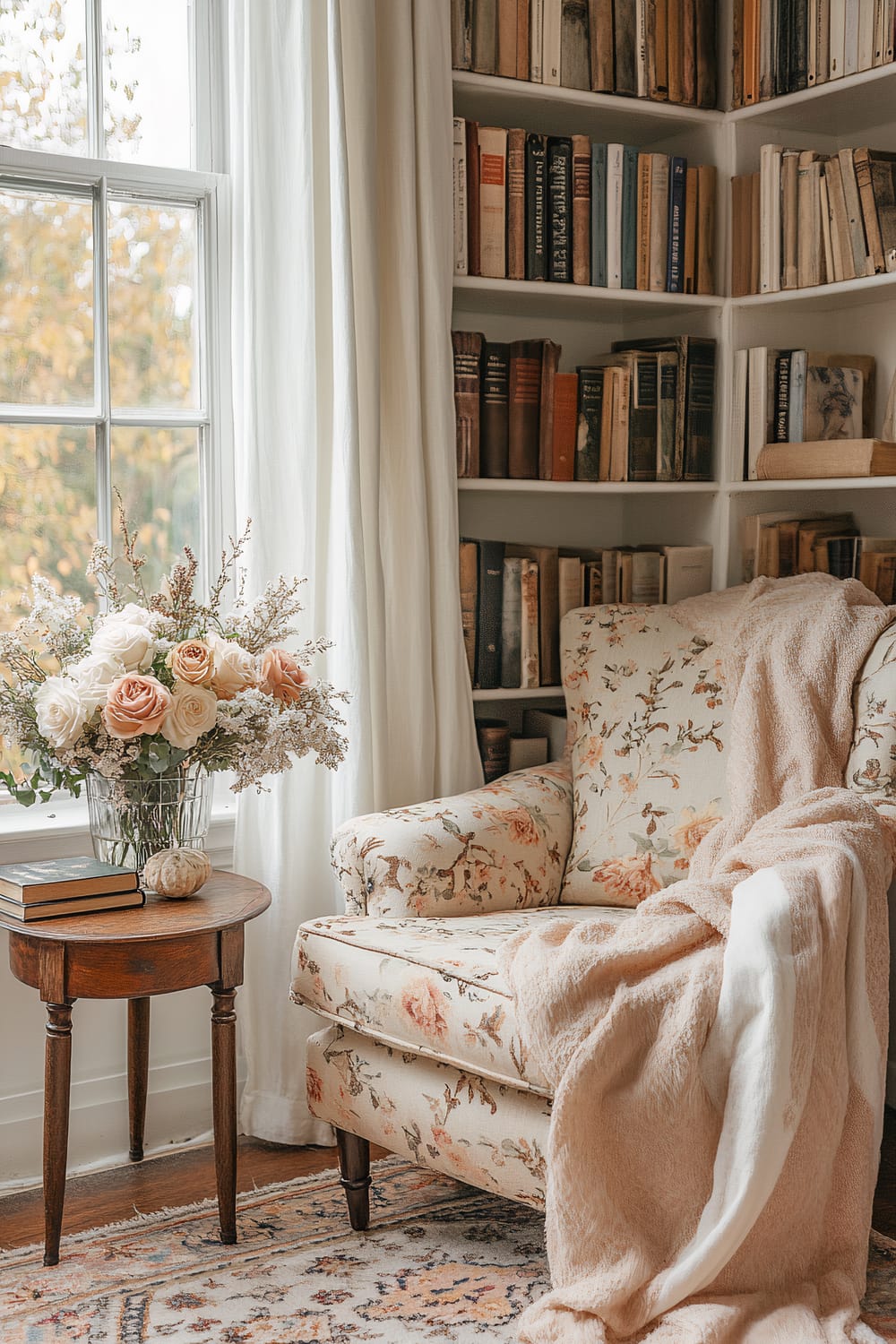 An elegantly furnished corner featuring a floral-patterned armchair draped with a soft, peach blanket. Beside the chair is a small wooden table with a glass vase filled with a bouquet of roses and a few books. White curtains frame a large window, while bookshelves filled with old and new books complete the cozy reading nook ambiance.