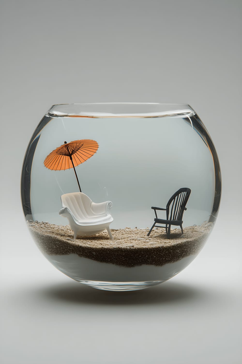 A clear fishbowl filled with water that contains various miniature surreal items. Within the fishbowl, one can find a tiny ladder leaning against the bowl's curved side, a small floating cloud, and a diminutive tree growing through a floating rock. The fishbowl sits on a light wood surface against a gray wall that complements the simple and clean background.