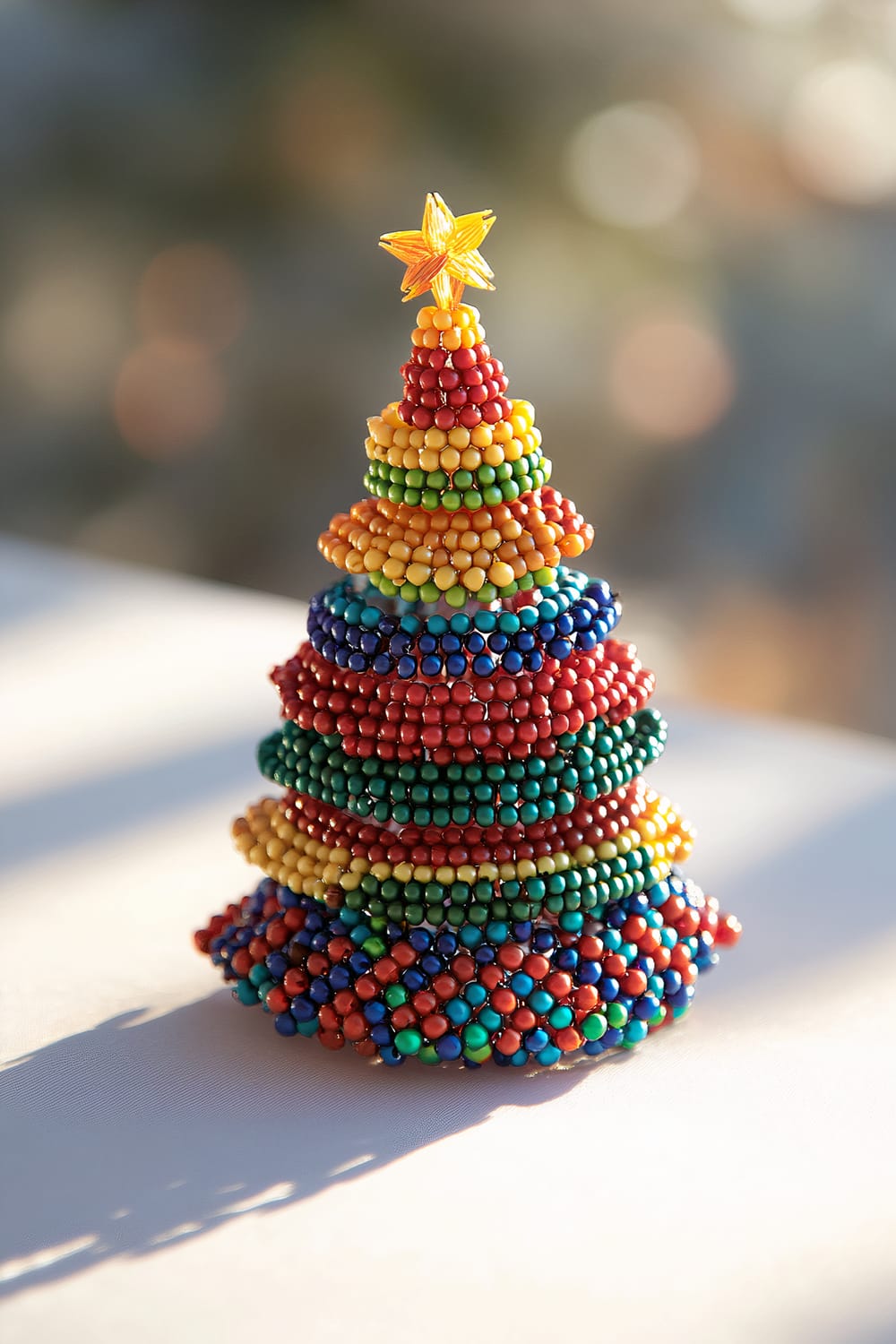 A small Christmas tree made entirely of colorful moti beads, featuring layers of red, green, yellow, blue, and orange beads. The tree is topped with a yellow star and is placed on a white tabletop, with gentle shadows emphasizing its shape.