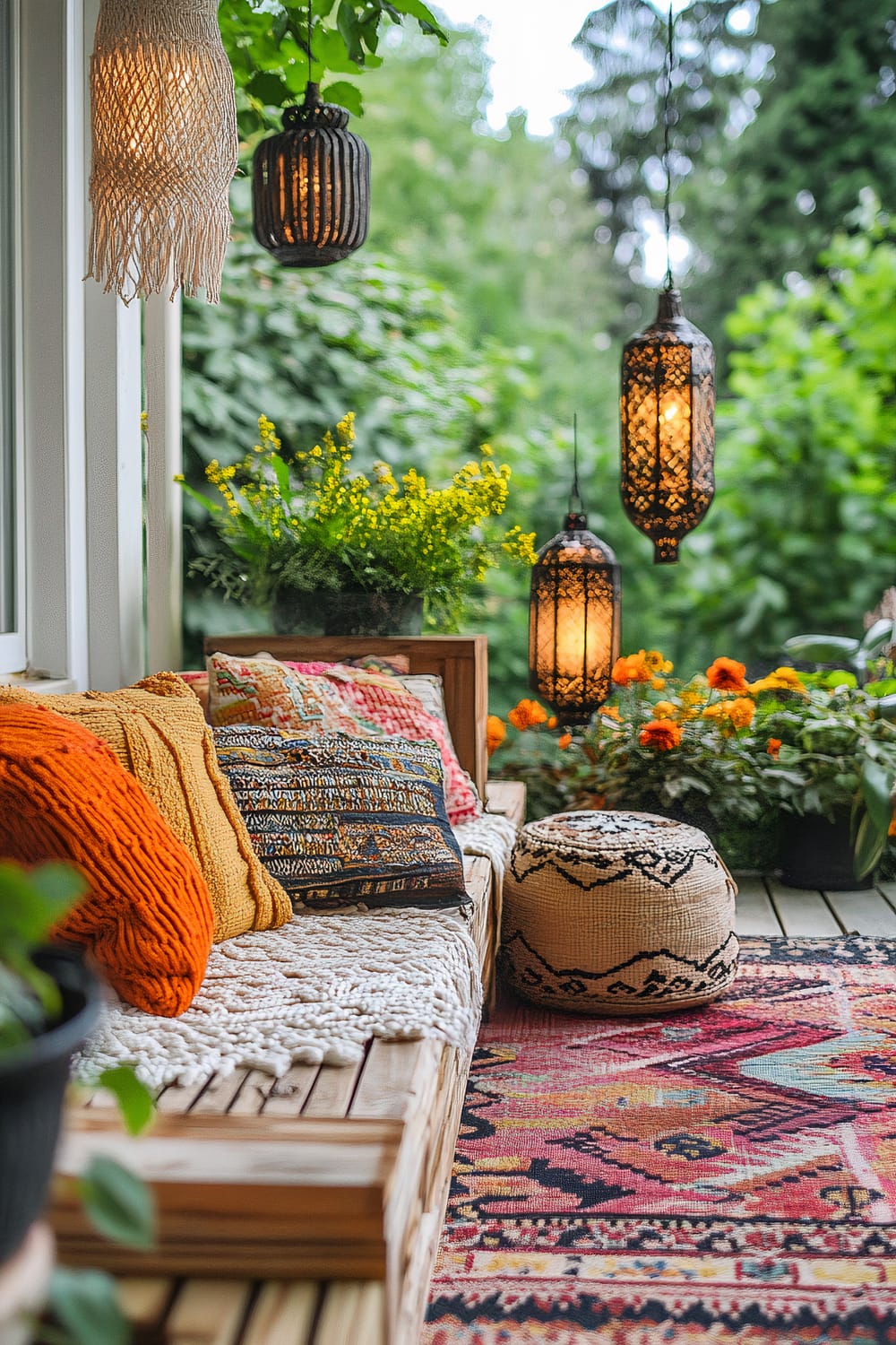 An inviting outdoor seating area featuring a wooden bench adorned with an eclectic mix of colorful patterned cushions and an intricately woven blanket. Hanging above are four lanterns, two of which are ornate and lit, casting a warm glow. The area is surrounded by lush greenery and potted marigold flowers, enhancing the cozy ambiance. A woven pouf and a vibrantly patterned rug add additional layers of texture and color to the space.