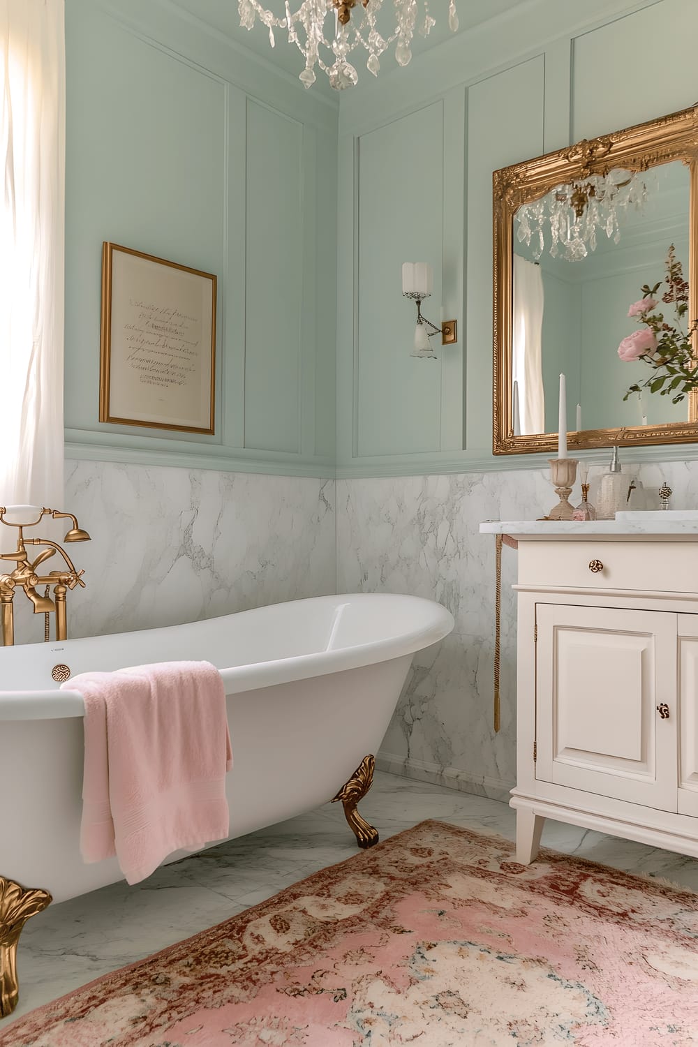 The image portrays a sophisticated vintage bathroom with a healthy dose of glam. It showcases a freestanding clawfoot bathtub situated beside a large window draped with sheer curtains. On the windowsill there are antique candle holders, while surrounding the bathtub are soft pastel-colored towels and a vintage rug. Overhead, a classic chandelier throws a warm light over the room. The walls are adorned with patterned wallpaper and multiple ornate mirrors, and there's a vanity table with a marble countertop and brass fixtures near one wall.