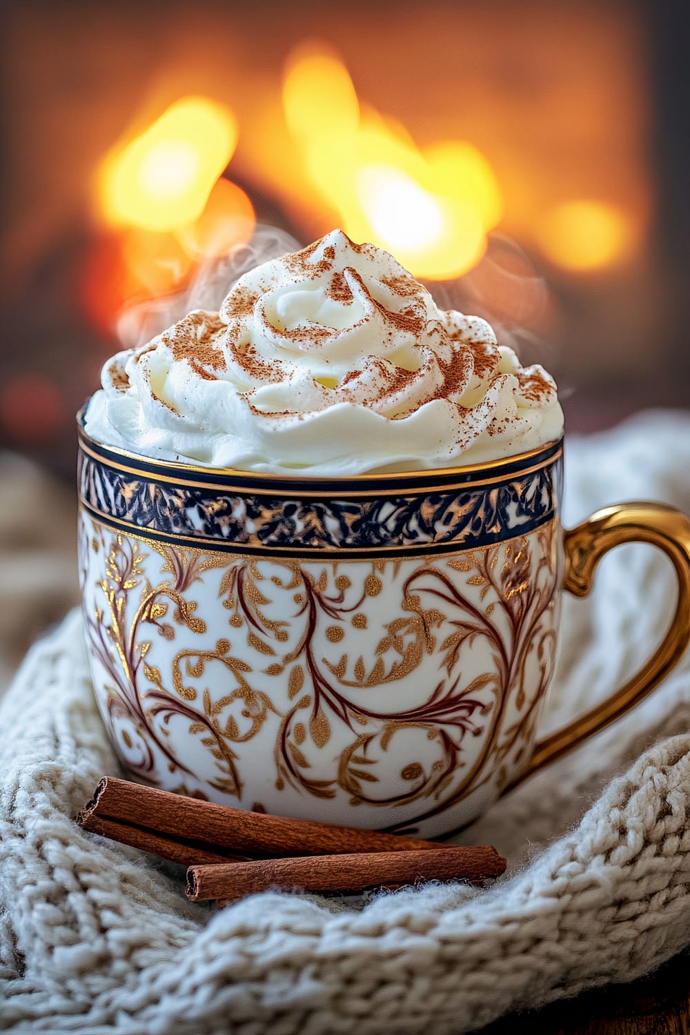 A close-up of a mug filled with hot chocolate topped with whipped cream and sprinkled with cinnamon, placed on a knitted fabric near a couple of cinnamon sticks. A warm, glowing fireplace is blurred in the background.