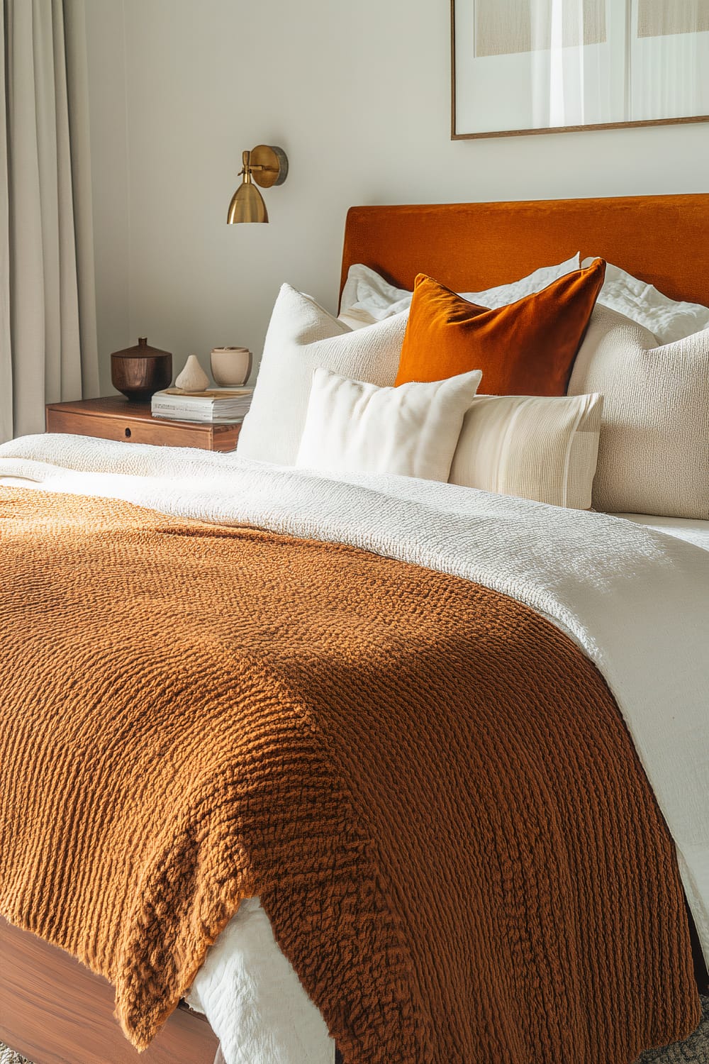 A cozy bedroom scene featuring a bed with a burnt orange throw blanket and a burnt orange pillow, complemented by white and cream pillows. The bed has a brown headboard, and a side table is positioned next to it with decorative items. A modern, industrial-style brass wall sconce is mounted above the side table, and minimalist artwork is hung above the bed. Neutral-toned curtains frame the scene to the left.