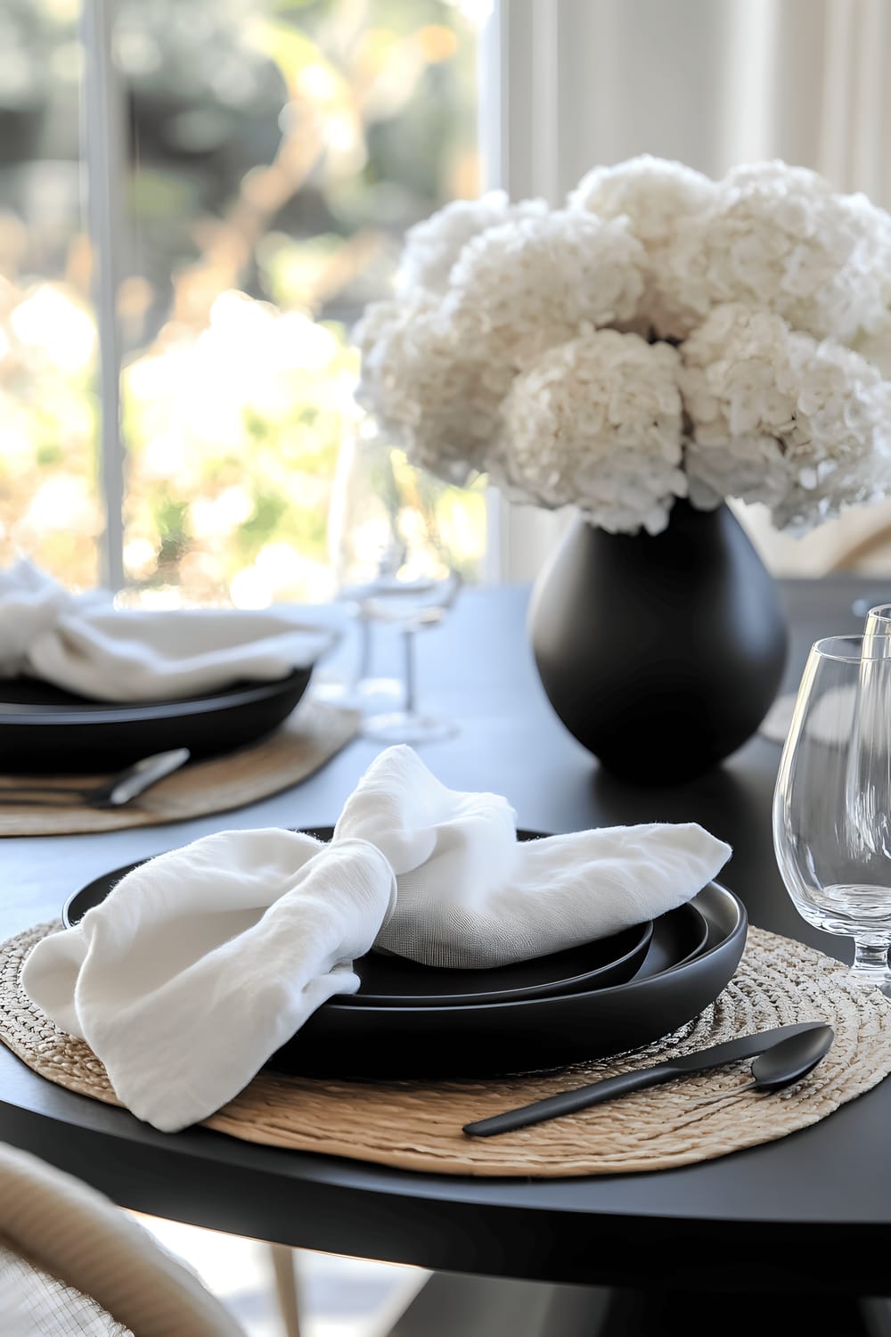 A contemporary dining setting featuring a round matte black tabletop with a sculptural ceramic vase filled with white hydrangeas. Matte black dinner plates are adorned with soft linen napkins, and the scene is bathed in soft natural light.