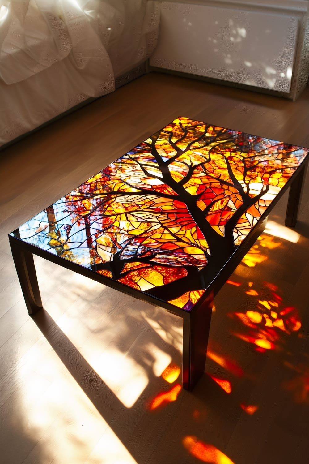 A modern coffee table with a stained glass top depicting an autumn landscape featuring a tree with colorful leaves in shades of red, orange, and yellow. Sunlight passes through the glass, casting vibrant patterns on the light wooden floor.