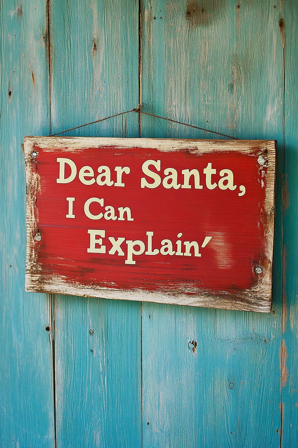 A charming wooden sign hanging on a turquoise porch background. The sign is painted red with white, weathered edges and reads, "Dear Santa, I Can Explain…." The background wood has an aged, rustic look with visible grain and knots, adding to the overall vintage charm.