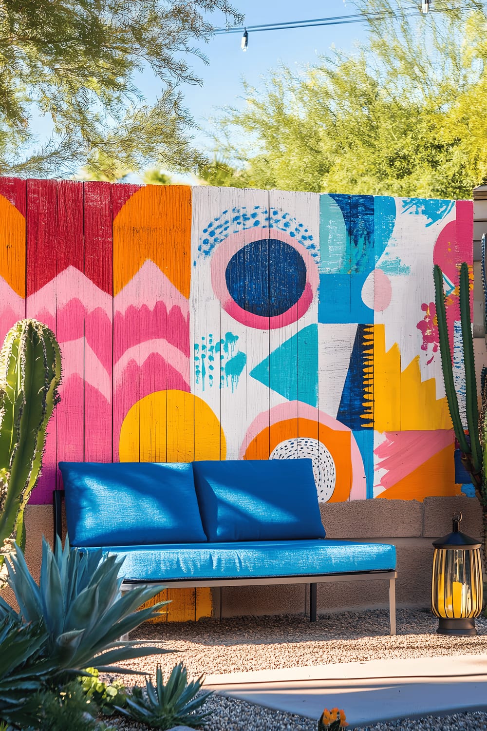 A vibrant backyard setting featuring a large fence painted with abstract, bold patterns in various colors. In front of the mural, there is a modern, straight-seated bench with bright blue cushions. The area is complemented with potted succulents and minimalistic lanterns arranged casually on the ground.