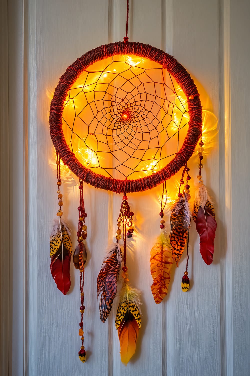 A vibrant dreamcatcher hanging against a white paneled door. The dreamcatcher features a circular design adorned with a tightly woven web in the center. The rim is wrapped in reddish-brown string. Highlighting the web are warm, orange-yellow fairy lights, giving the piece a glowing effect. Various feathers in shades of red, orange, yellow, and black, along with wooden beads, dangle from the bottom, adding to its decorative appeal.