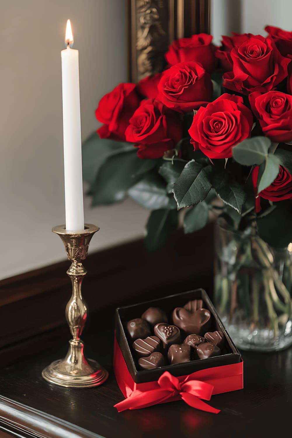 A warm and inviting image detailing a dark wooden mantelpiece adorned with a handcrafted vintage brass candle holder holding a lit white taper candle. Next to the candle holder is an open heart-shaped box filled with an assortment of artisanal chocolates and wrapped in a red satin ribbon. Adjacent to the chocolate box is a small clear glass vase holding a bouquet of fresh red roses. The entire scene is softly lit by the candlelight, creating an atmosphere of intimacy and elegance.