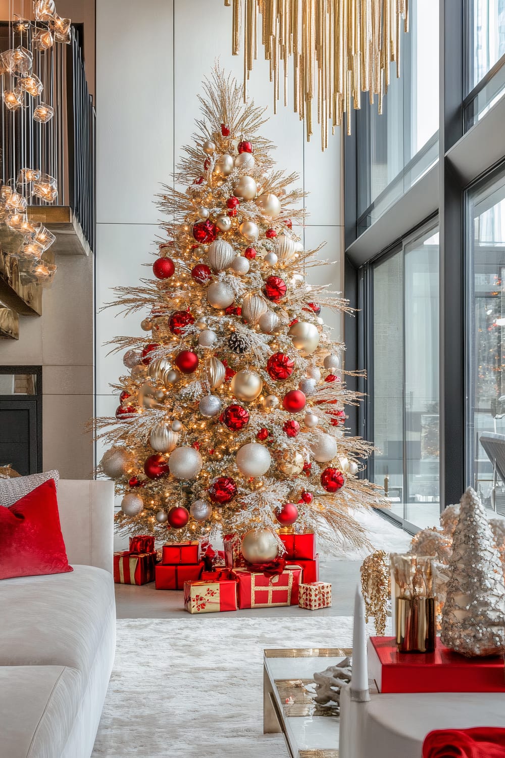 A luxurious living room adorned for Christmas, featuring a grand, flocked Christmas tree adorned with red, gold, and silver baubles. The tree stands next to large floor-to-ceiling windows, and a modern gold chandelier hangs above. Beneath the tree, there are neatly wrapped presents in red and gold paper. The interior includes a white sofa with red and gray accent pillows, and a glass coffee table with decorative items. Warm lighting from the tree and nearby string lights add to the festive ambiance.