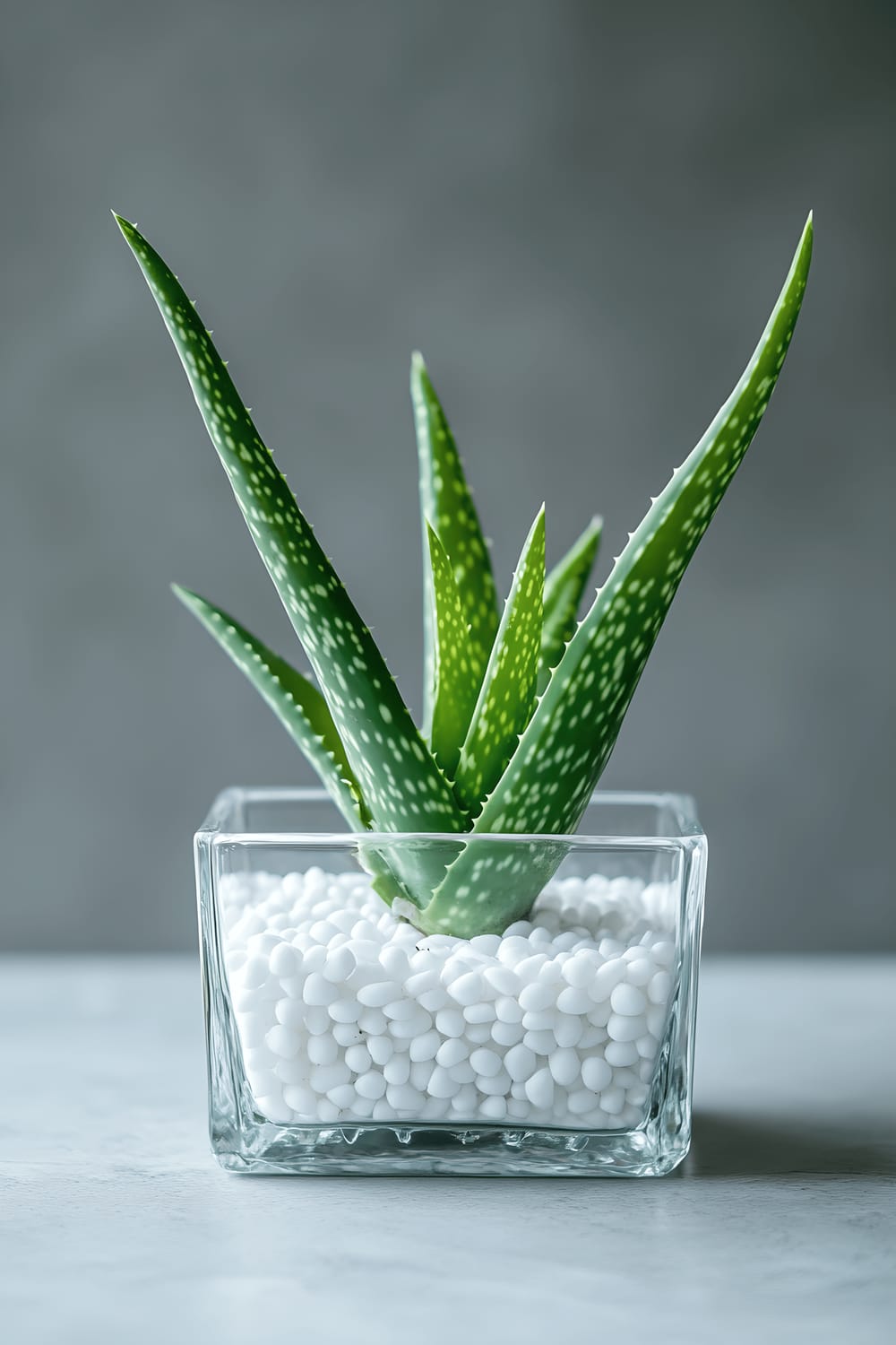 A square glass planter containing white pebbles and a verdant Aloe Vera plant, presented against a grey background.