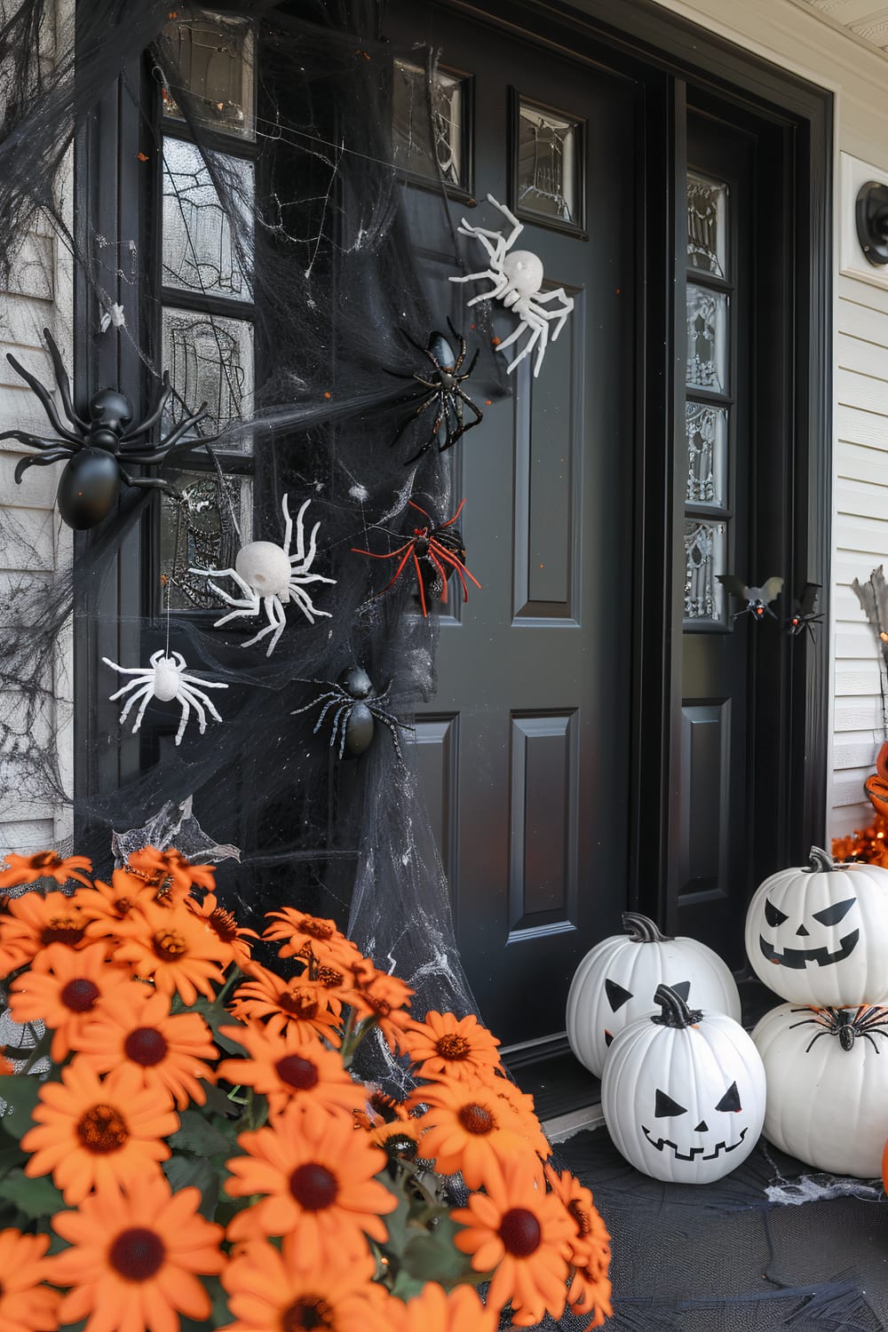 The image shows a front door decorated for Halloween. The dark double doors are adorned with numerous large faux spiders and black cobwebs. Orange flowers sit in a planter to the left, and several white pumpkins with carved faces rest on the ground to the right of the door.