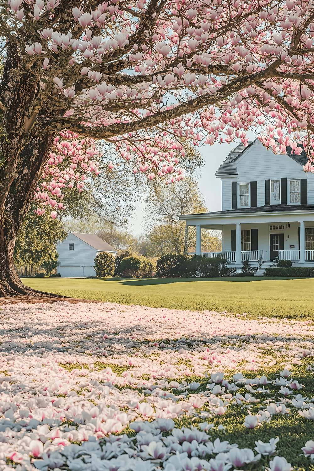 A large and lush magnolia tree in bloom dominates the landscape of a picturesque front yard, its soft pink and white flowers creating a stunning contrast with the fresh green lawn. The verdant carpet of grass extends towards a tastefully designed white farmhouse, which is visible in the background.