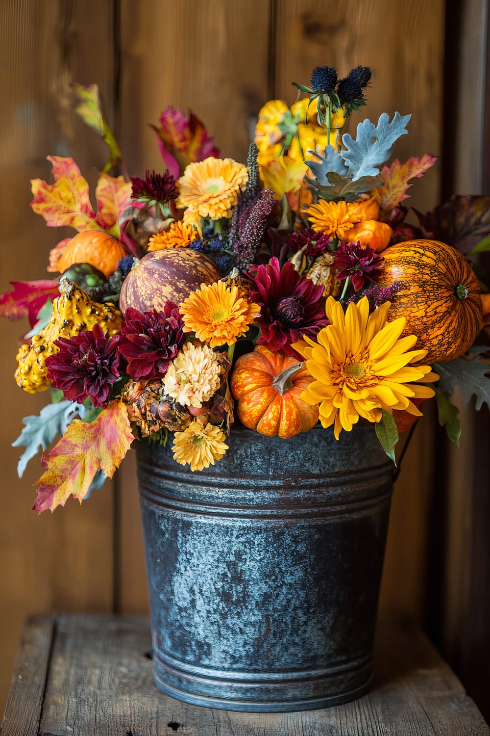 A rustic floral arrangement in a weathered metal bucket placed on a wooden surface. The bouquet features vibrant autumnal tones with a mix of marigolds, chrysanthemums, and dahlias interspersed with small pumpkins, gourds, and colorful fall leaves. The warm hues of orange, yellow, deep red, and hints of green create a festive, seasonal display.