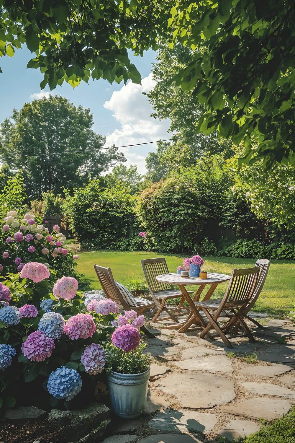 A small backyard hosting an intimate gray flagstone patio area. The area is surrounded by lush potted hydrangeas in pastel shades, Aquatic and earthy hues are visible. A rustic wooden bistro set including a small table and two chairs, is neatly placed under a shady tree. Ground is covered with green grass and small stones scattered around.