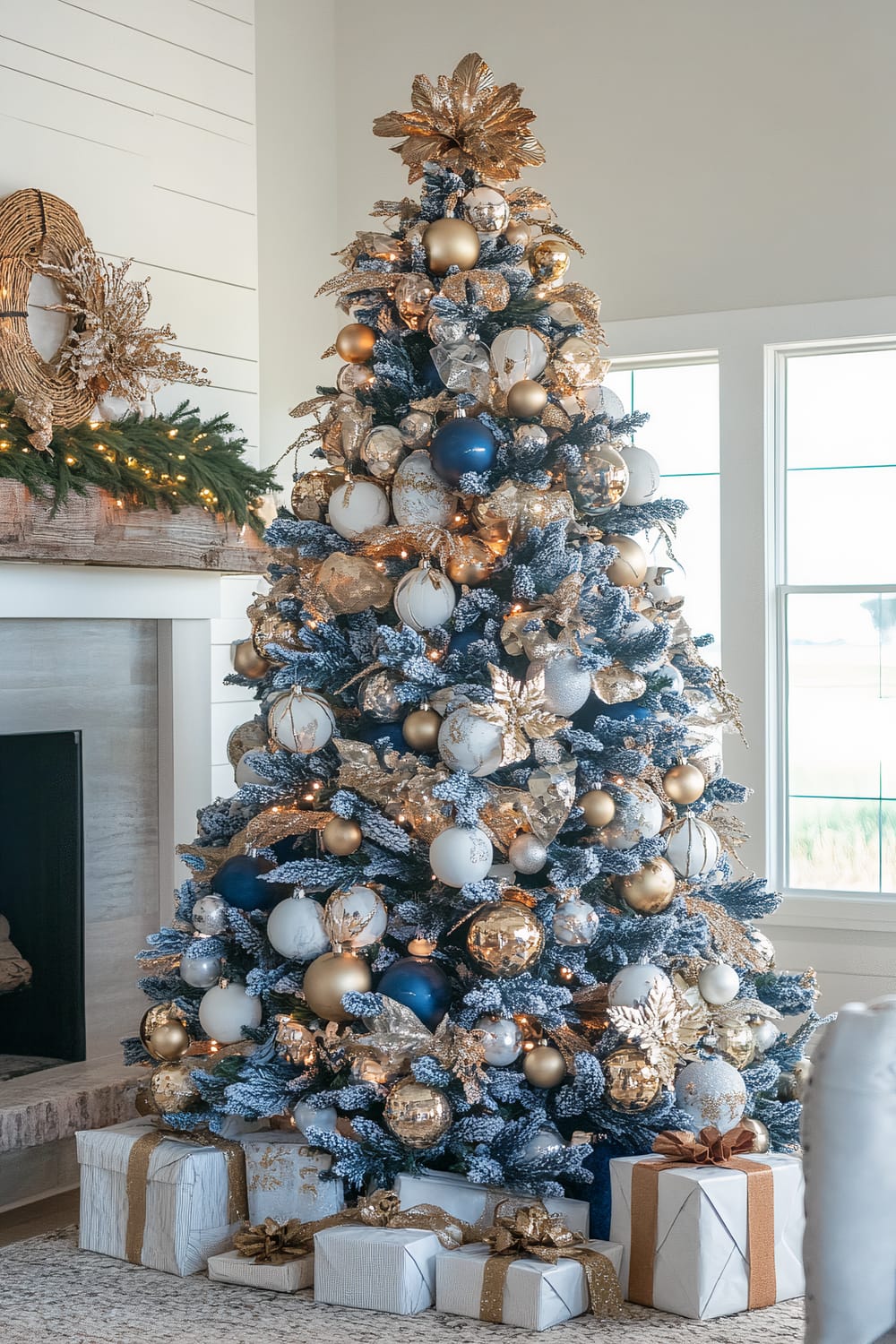 An elegantly decorated Christmas tree adorned with a mix of golden, blue, and white ornaments. The tree is topped with a large golden poinsettia. Wrapped gifts with gold and white ribbons are placed neatly underneath the tree. To the side, a fireplace mantel is visible, decorated with a green garland and a rustic wreath illuminated with white string lights. Large windows to the right allow natural light to fill the space.