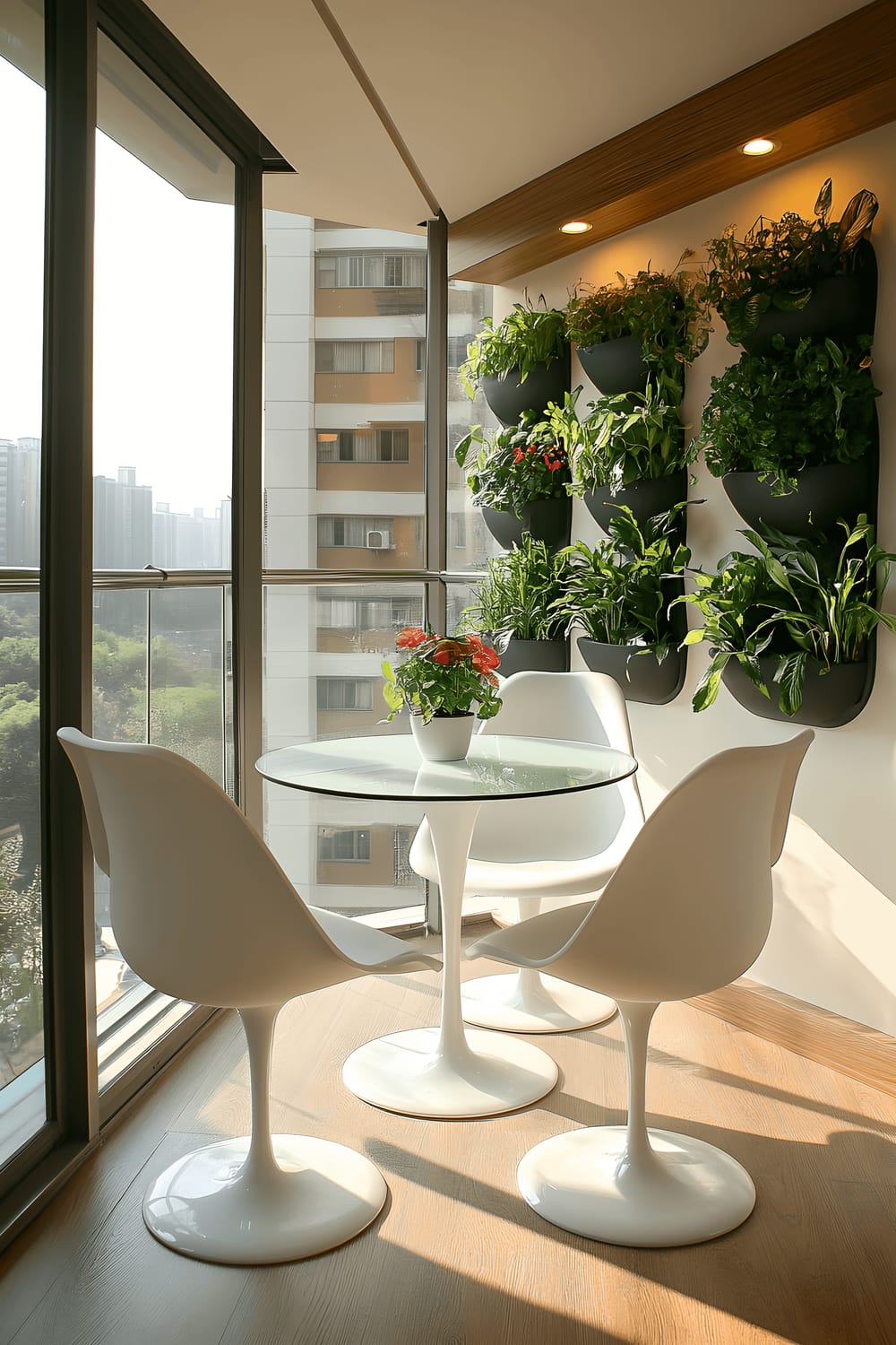 A high-rise balcony featuring a minimalist design with a metal railing that has green plants growing vertically. A small round glass table is accompanied by two modern white chairs under soft ambient lighting, presenting a serene urban retreat.