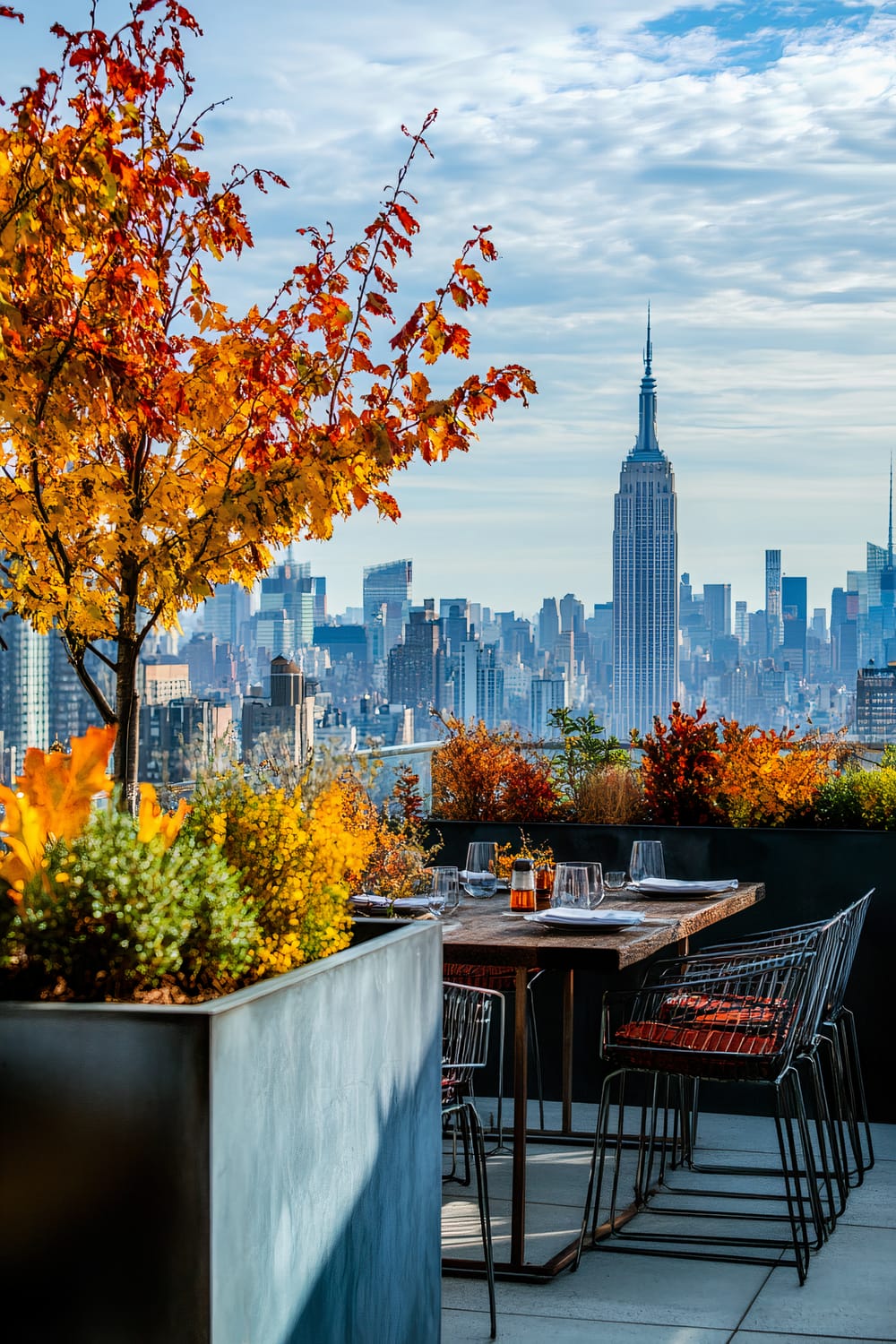 An outdoor dining area situated on a rooftop terrace with a scenic view of a city skyline, dominated by a tall, iconic skyscraper. The setting includes a wooden table set for dining with plates, glasses, and a candle, surrounded by metal chairs with red cushions. Large planters filled with vibrant autumnal foliage in shades of red, orange, and yellow frame the scene.