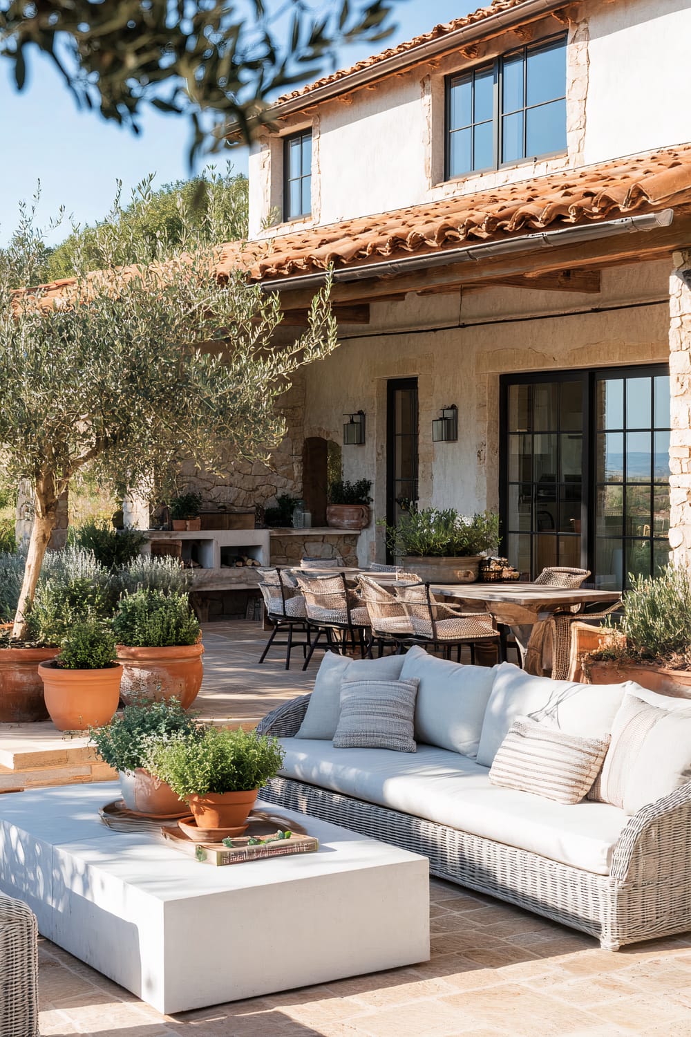 An inviting outdoor patio space featuring a rustic Mediterranean design. The area includes a comfortable wicker sofa with light-colored cushions and a white rectangular coffee table adorned with potted plants. A wooden dining table surrounded by wicker chairs is set under a wooden pergola attached to a two-story house with a terracotta-tiled roof, stucco walls, and large, black-framed windows. Olive trees and various potted green plants add a touch of nature to the space.