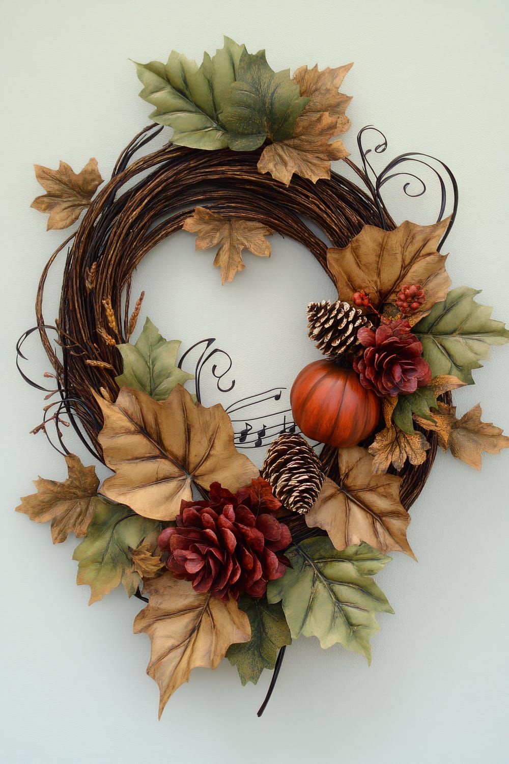 An autumn-themed wreath composed of intertwined brown vines, adorned with large, realistic faux leaves in shades of green, brown, and yellow. The wreath features decorative elements including red flowers, pinecones, and a small round orange pumpkin. Among the leaves is a touch of musical notes, contributing to the artistic and festive appearance of the wreath.