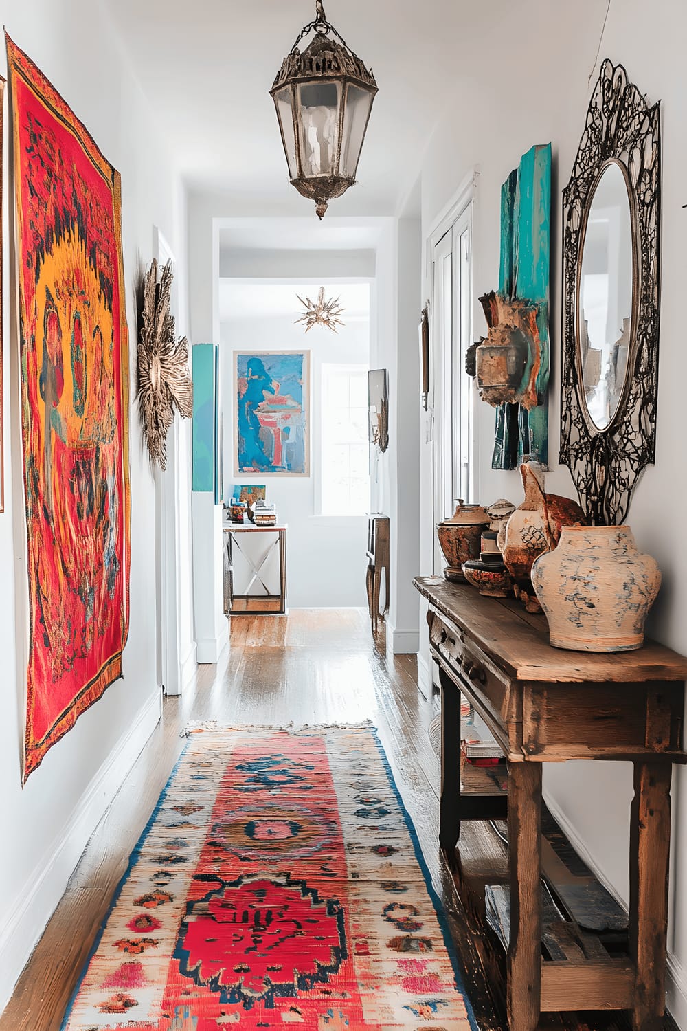 A high angle perspective showing a vibrantly decorated hallway with a collection of different styled mirrors, wall art, and a wooden console table with various decorations. The hallway receives plenty of natural light from adjacent windows.