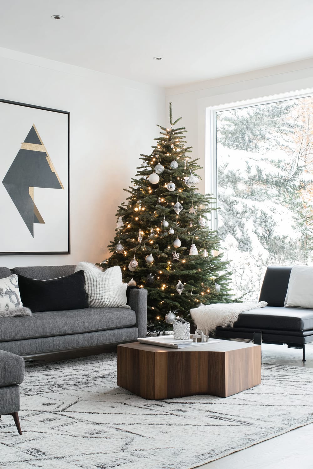 The image depicts a contemporary living room adorned for the holiday season. A tall Christmas tree stands elegantly in the corner, adorned with silver and white ornaments and glimmering string lights. The room features modern furniture including a gray sofa with white and black pillows, a minimalist black chaise lounge with a white throw blanket, and a geometrically shaped wooden coffee table. A large window behind the tree reveals a snowy landscape outside. The walls are white and showcase a bold, abstract black and gold art piece. The floor is covered with a light-colored rug with a subtle, artistic pattern.