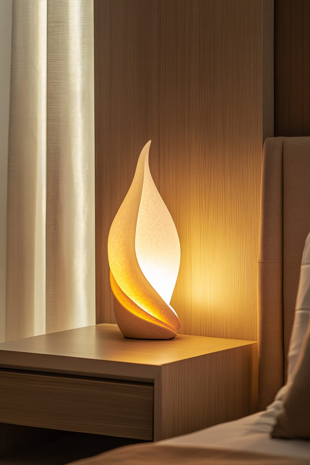 A sleek modern bedroom featuring a minimalist night lamp with a sculptural design on a simple bedside table. Soft side lighting creates a warm glow, highlighting the lamp's unique form and casting shadows. The background includes light curtains and a textured wooden wall, contributing to an uncluttered and subtle decorative space.