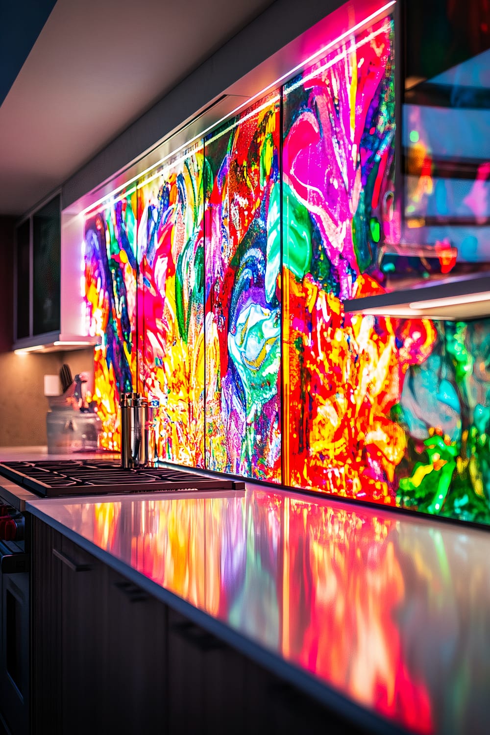 A modern kitchen with a countertop and stove, featuring a backsplash of large, vibrant abstract art pieces backlit by colorful LED strips. The art showcases bright hues such as emerald green, ruby red, and sapphire blue, creating a lively and dynamic focal point in the space.