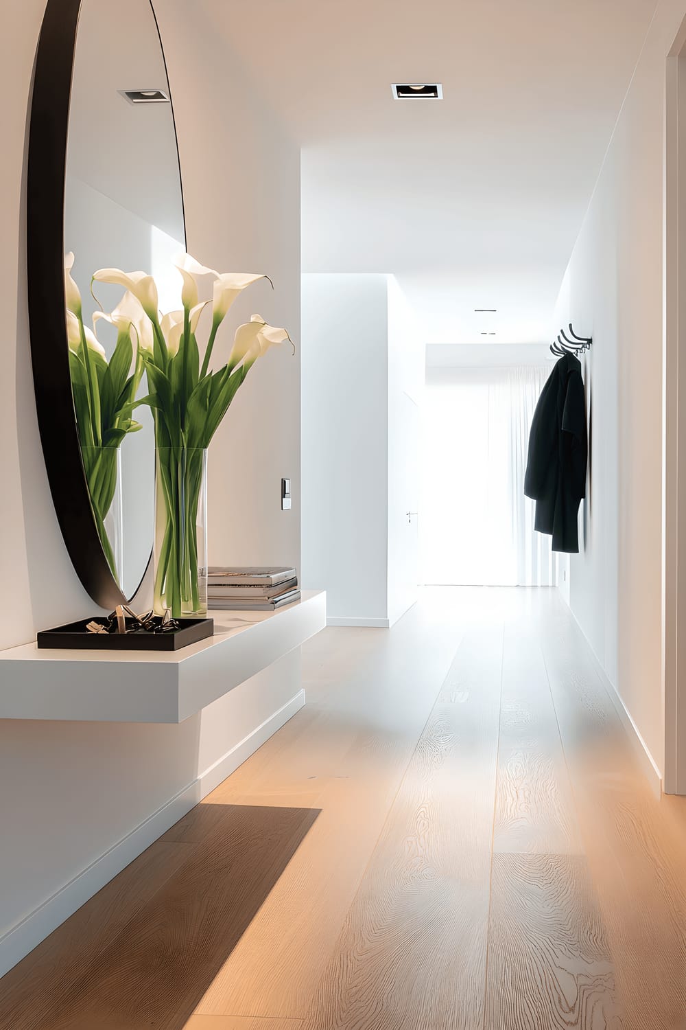 A spacious entry hall with light oak flooring featuring a white console table adorned with a glass vase of white calla lilies and a black ceramic tray with art books and keys. Above the table, an oval-shaped mirror with a black frame hangs on the white wall. On the side, a slender black coat rack holds several neat coats and scarves. Glorious natural light from a nearby window illuminates the entire room emphasizing its elegant simplicity.