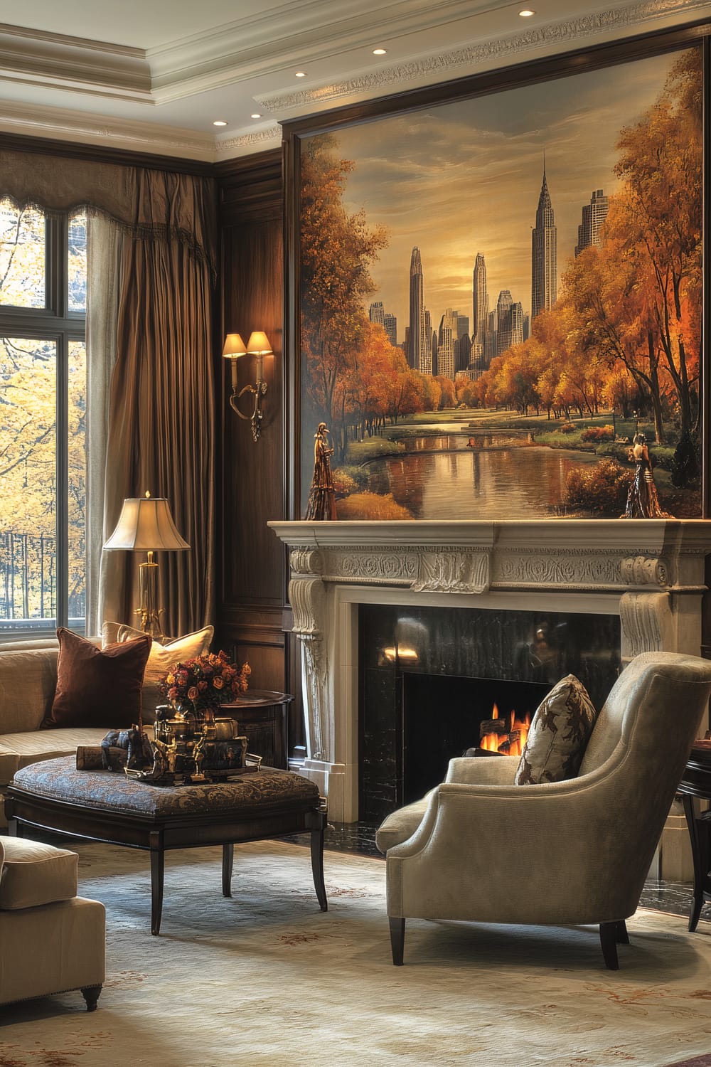 An elegantly designed living room features a large fireplace with an intricately carved mantle. Above the fireplace hangs a grand painting depicting a cityscape with autumnal trees and a serene river. Comfortable beige armchairs with patterned pillows and a matching sofa are placed around a dark wooden coffee table, adorned with decorative objects. Tall curtains frame a large window, allowing natural light to enhance the warm, inviting atmosphere.