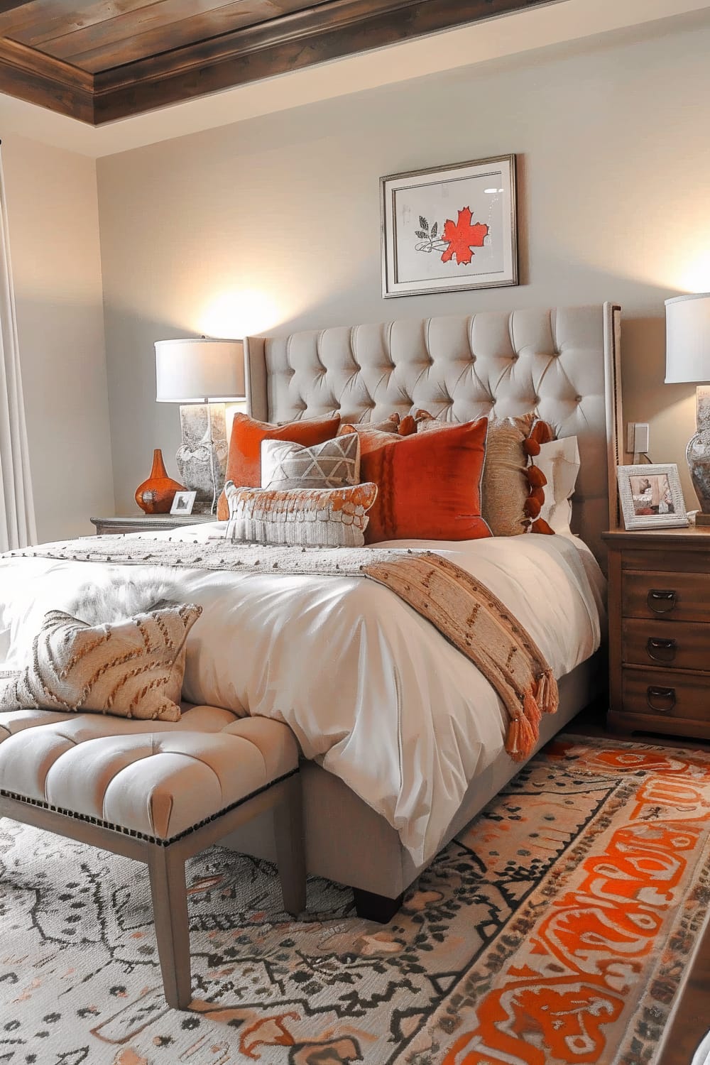 An inviting bedroom with a neutral color scheme, featuring a tufted beige headboard and a bed dressed in white linens and assorted colorful pillows in shades of orange and beige. A beige bench sits at the foot of the bed. Beside the bed are two wooden nightstands, each with a lamp and decor items. A patterned rug in orange and neutral tones covers the floor, and a piece of artwork with a red leaf hangs on the wall above the headboard.